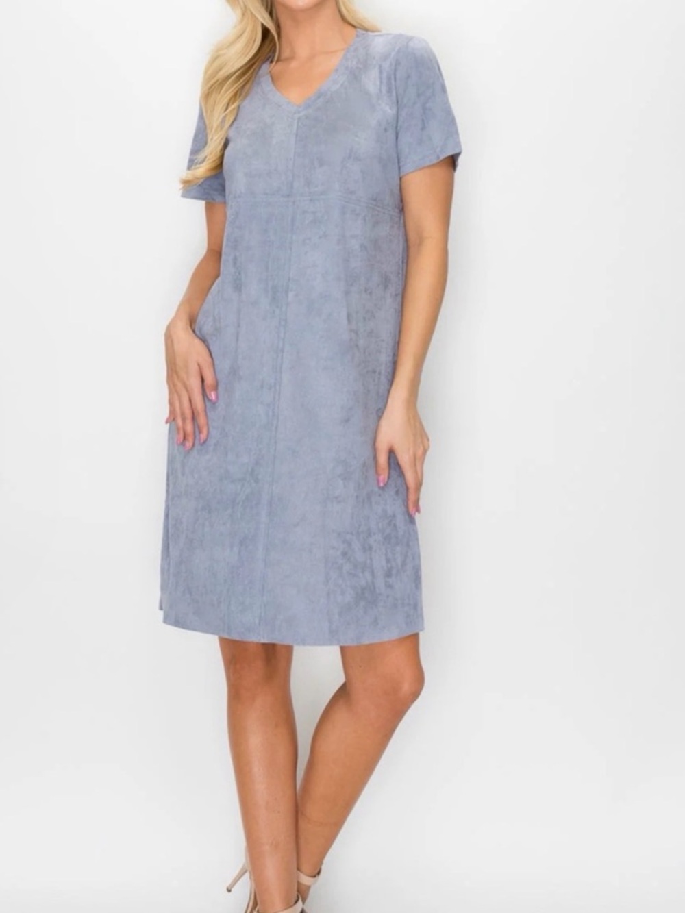 Joh V-Neck Short Sleeve Suede-Feel Midi Dress in Light Blue Size L